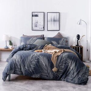 Palm Botanical Duvet Cover Queen 100% Cotton Blue Plant Duvet Cover 3 Pieces Set